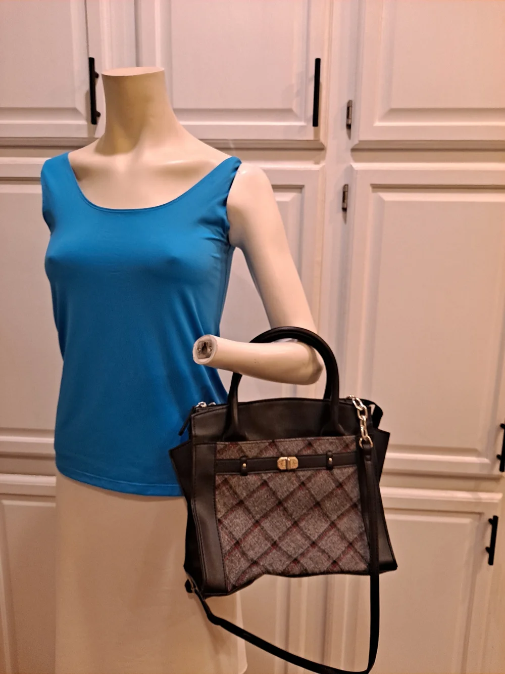 No Boundaries Y2k Rare Black Satchel w/Gray Red Plaid Tweed Panel Mixed Textiles